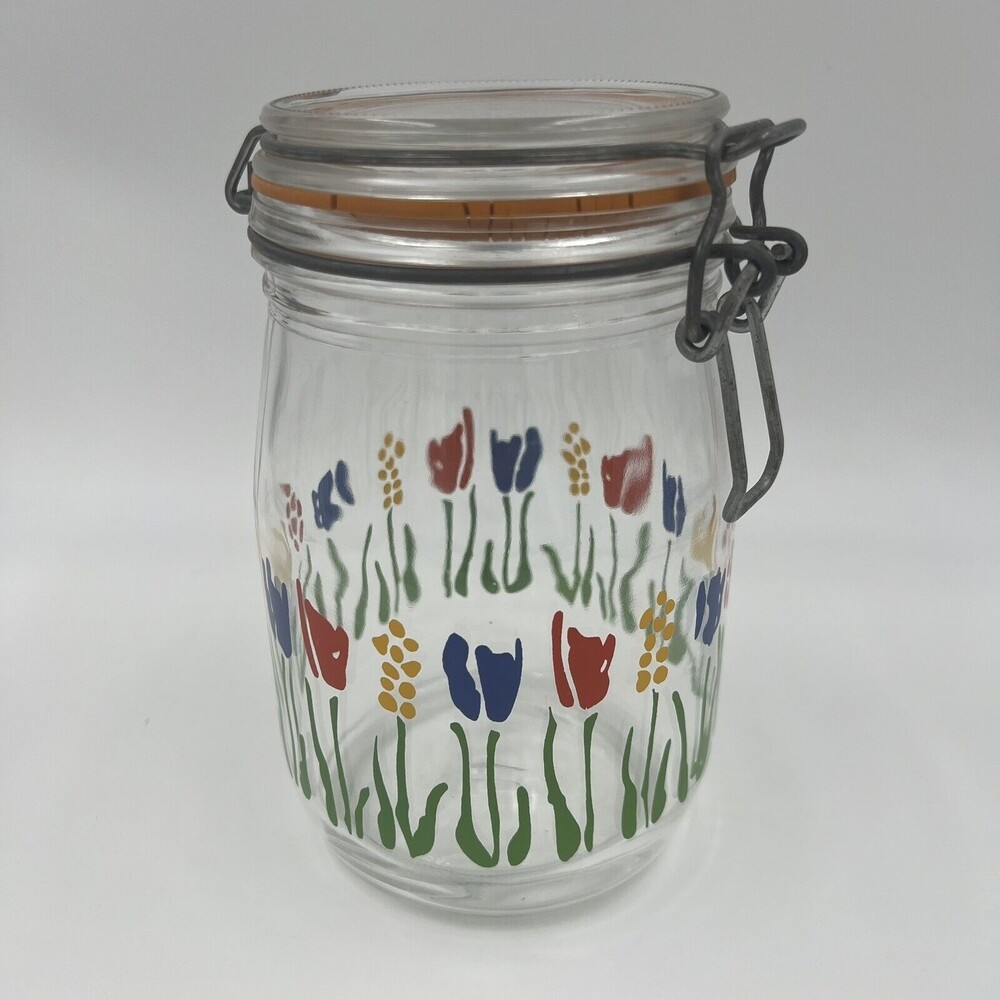 1 L Arc France Glass Canister Jar Tulip Floral Hinged‎ Lid